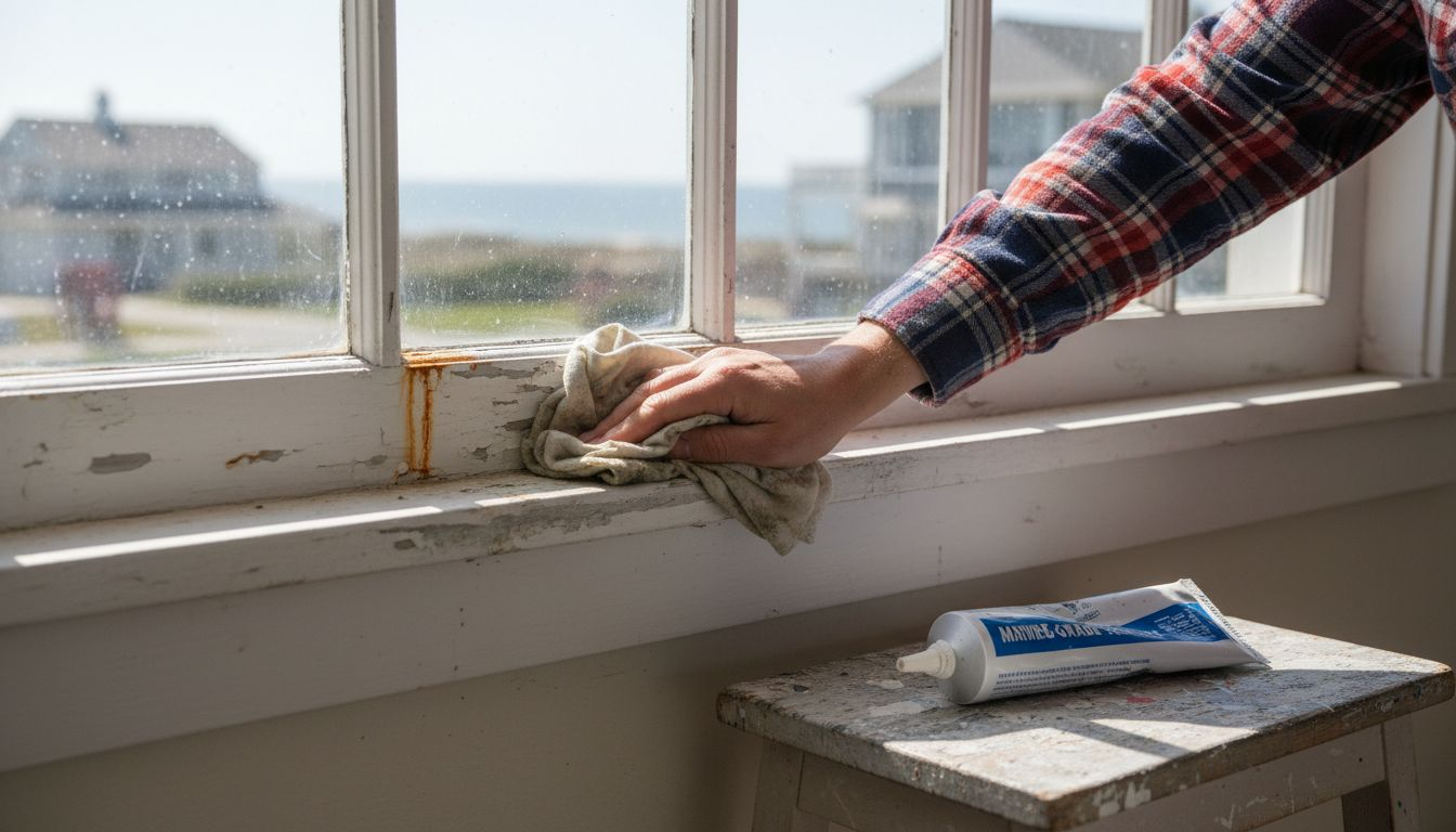 Window frame showing coastal corrosion and wear